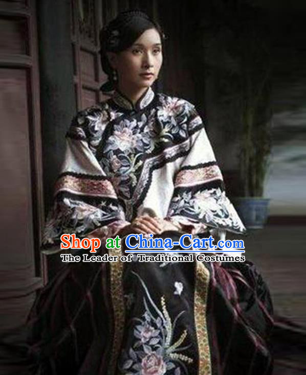 Traditional Ancient Chinese Republic of China Princess Costume Black Xiuhe Suit, Elegant Hanfu Clothing Chinese Qing Dynasty Nobility Dowager Clothing for Women