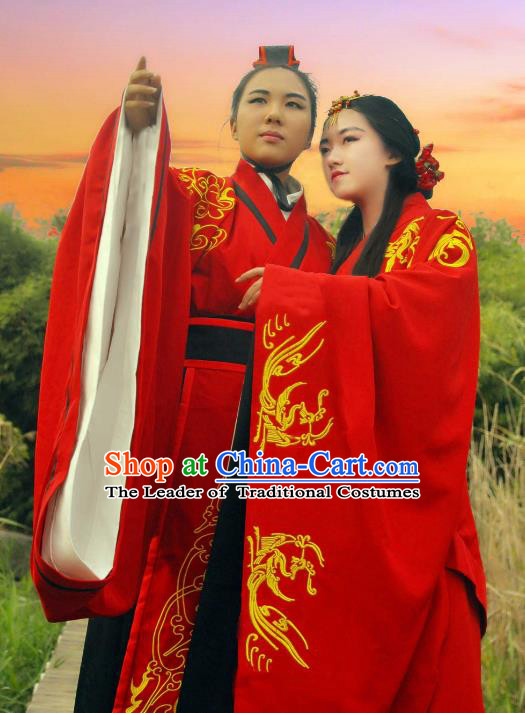 Traditional Ancient Chinese Imperial Emperor and Empress Wedding Costume, Elegant Hanfu Clothing Chinese Han Dynasty Bride and Bridegroom Embroidered Red Clothing
