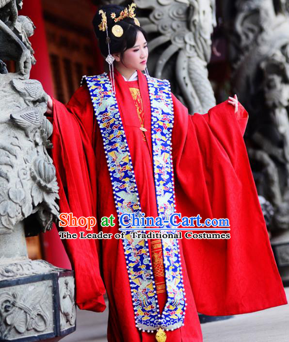 Traditional Ancient Chinese Imperial Empress Wedding Costume, Elegant Hanfu Clothing Chinese Ming Dynasty Queen Bride Embroidered Red Clothing