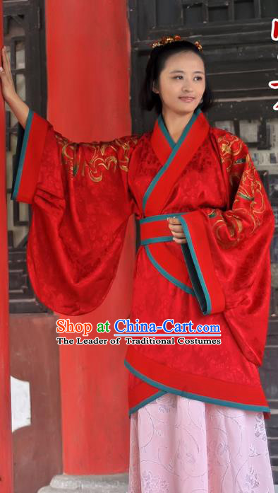 Traditional Ancient Chinese Imperial Princess Wedding Costume, Elegant Hanfu Clothing Chinese Han Dynasty Bride Embroidered Red Clothing