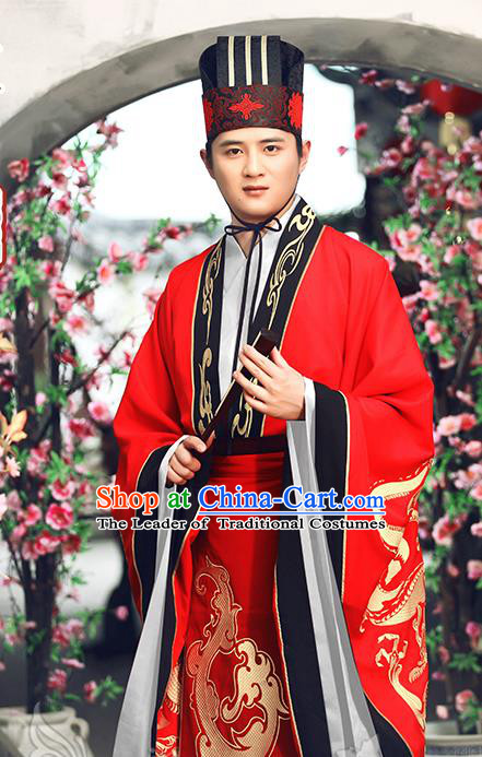 Traditional Ancient Chinese Imperial Emperor Wedding Costume, Elegant Hanfu Clothing Chinese Tang Dynasty Majesty Embroidered Red Clothing