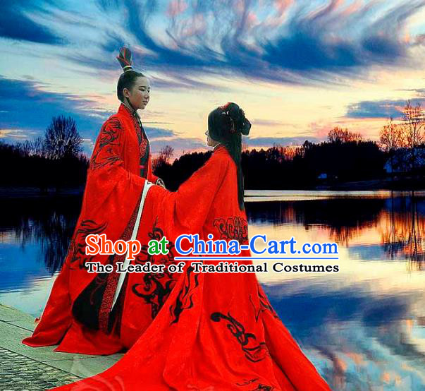 Traditional Ancient Chinese Imperial Emperor and Empress Wedding Red Costume Complete Set, Elegant Hanfu Clothing Chinese Han Dynasty Bride and Bridegroom Embroidered Clothing