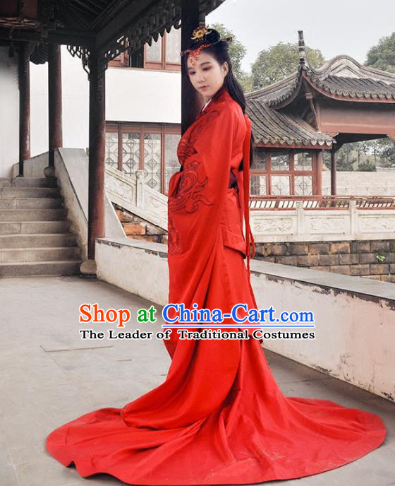 Traditional Ancient Chinese Imperial Empress Wedding Red Costume Complete Set, Elegant Hanfu Chinese Han Dynasty Princess Embroidered Clothing
