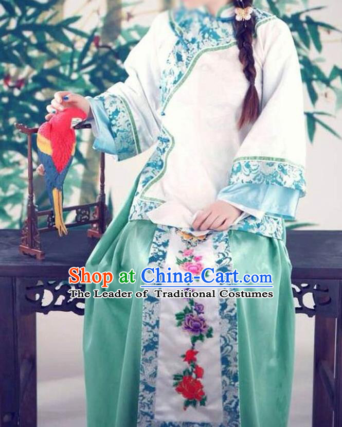 Traditional Ancient Chinese Republic of China Princess Costume Imperial Consort Blue Xiuhe Suit, Elegant Hanfu Clothing Chinese Qing Dynasty Nobility Dowager Clothing for Women