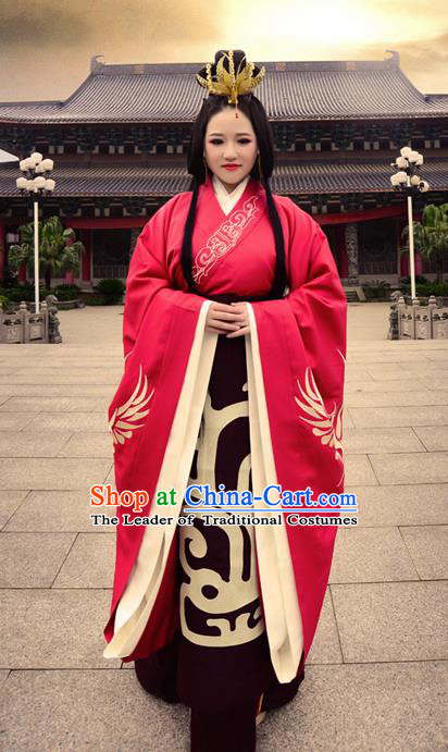 Traditional Ancient Chinese Bride Wedding Costume, Elegant Hanfu Clothing Chinese Han Dynasty Imperial Empress Tailing Embroidered Clothing for Women