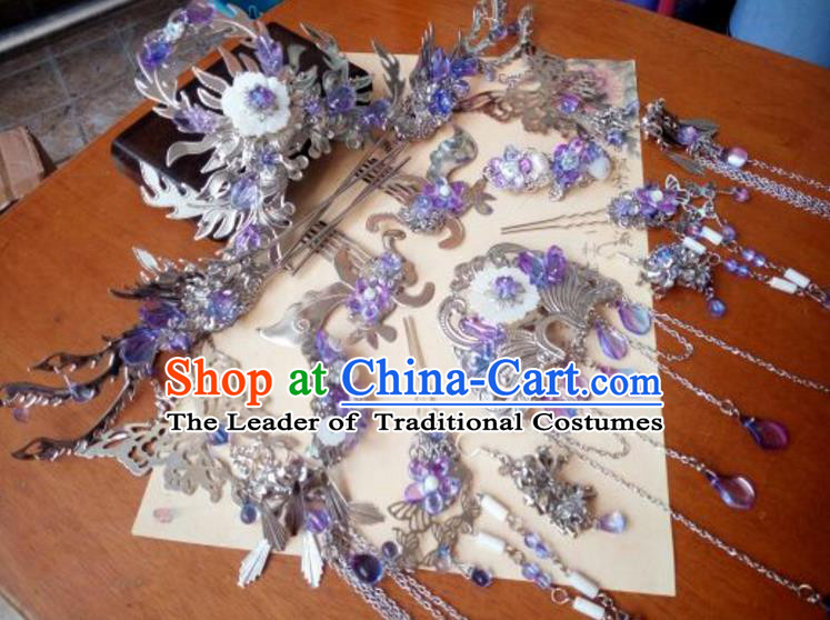 Traditional Handmade Chinese Ancient Classical Hanfu Hair Accessories Phoenix Coronet Complete Set, Princess Palace Lady Tassel Step Shake Hairpins Headwear for Women
