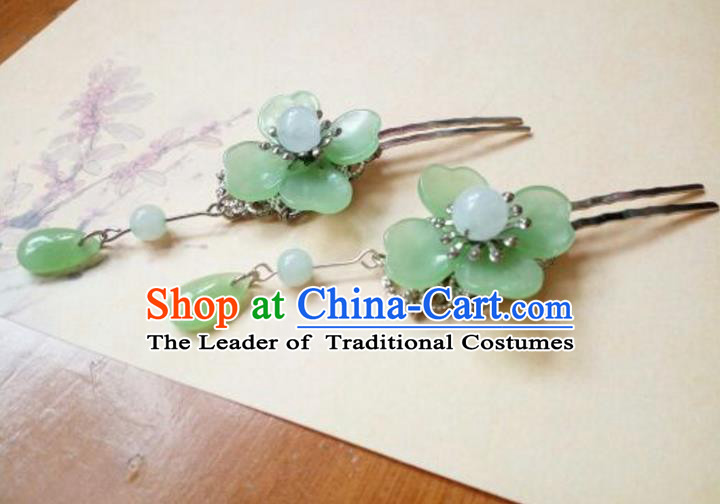 Traditional Handmade Chinese Ancient Classical Hair Accessories Green Flower Hairpin, Hair Fascinators Hairpins for Women