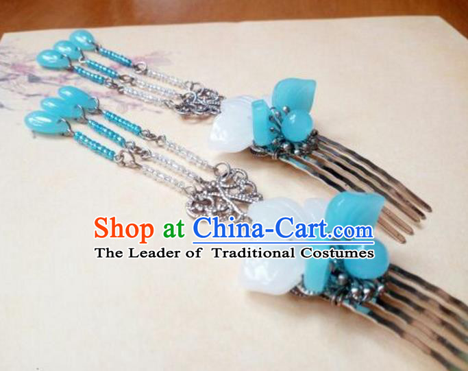 Traditional Handmade Chinese Ancient Classical Hair Accessories Blue Tassel Hairpin Headwear Hair Stick for Women