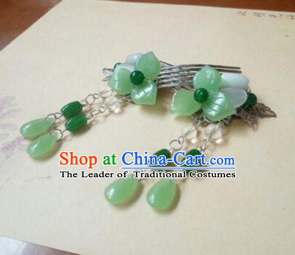 Traditional Handmade Chinese Ancient Classical Hair Accessories Green Jade Tassel Hairpin Headwear Hair Comb for Women