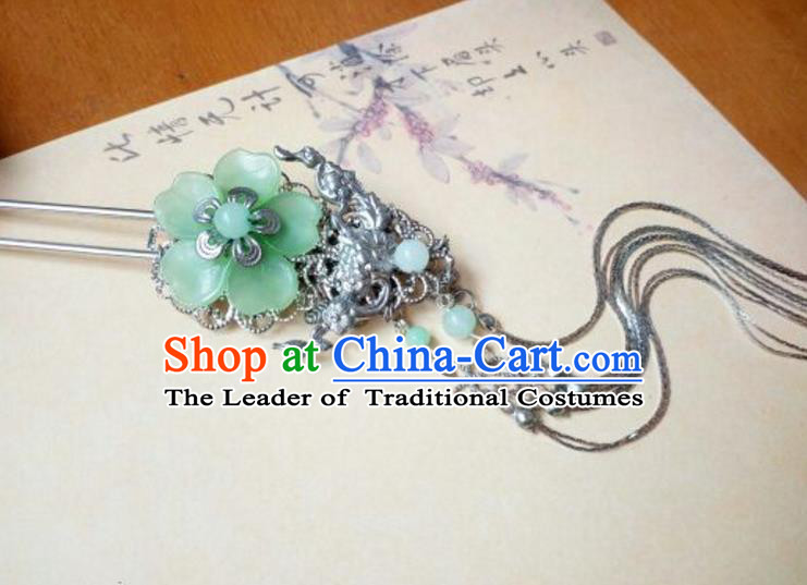 Traditional Handmade Chinese Ancient Classical Hair Accessories Hairpins Green Flower Tassel Step Shake for Women