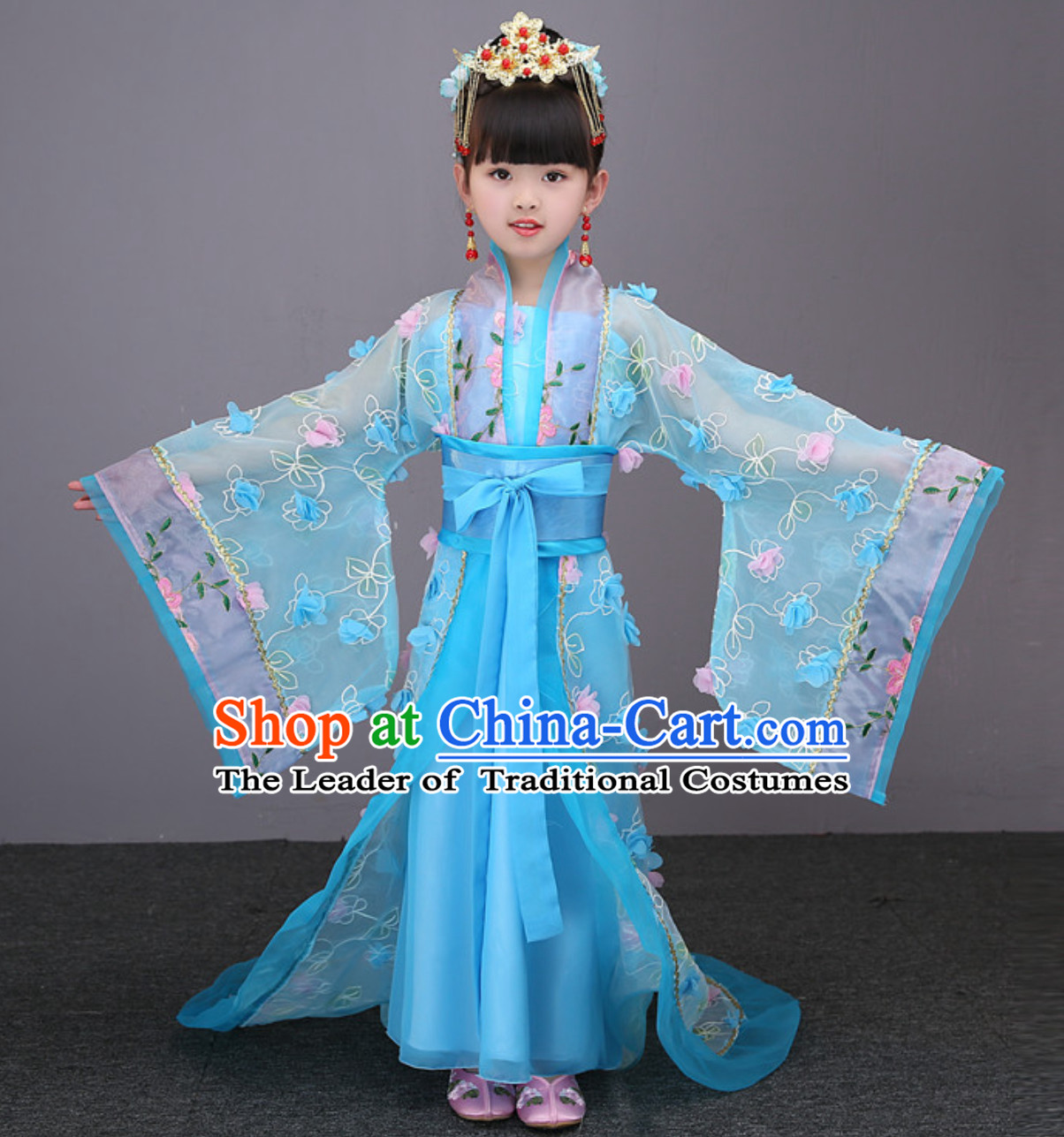 Blue Color Ancient Chinese Imperial Female Emperor Clothing and Hair Accessories Complete Set for Women