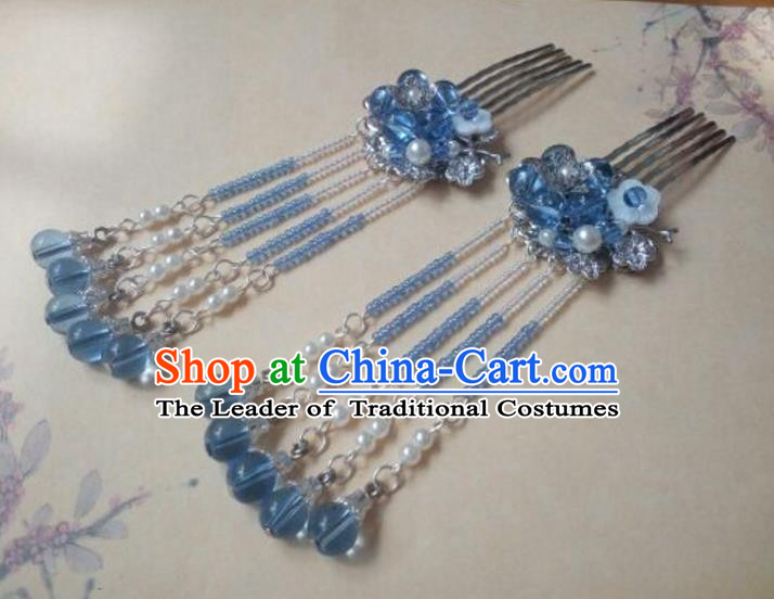 Traditional Handmade Chinese Ancient Classical Hair Accessories Hairpins Blue Beads Tassel Hair Comb for Women