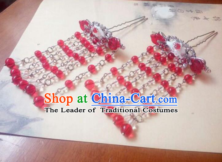 Traditional Handmade Chinese Ancient Classical Hair Accessories Red Beads Tassel Hairpins Headwear for Women