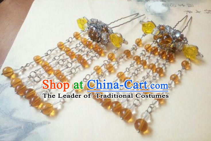 Traditional Handmade Chinese Ancient Classical Hanfu Hair Accessories, Yellow Beads Tassel Hairpins Step Shake Headwear for Women