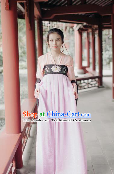 Traditional Chinese Tang Dynasty Young Lady Costume Embroidery Blouse and Slip Skirt, Elegant Hanfu Clothing Chinese Ancient Princess Clothing for Women