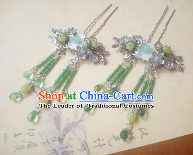 Traditional Handmade Chinese Ancient Classical Hanfu Hair Accessories Green Bead Step Shake, Princess Palace Lady Hairpins Hair Stick for Women