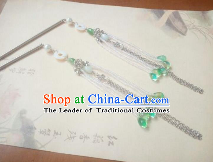 Traditional Handmade Chinese Ancient Classical Hanfu Hair Accessories Green Beads Tassel Step Shake, Princess Palace Lady Hairpins Hair Stick for Women