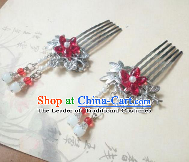 Traditional Handmade Chinese Ancient Classical Hanfu Hair Accessories Red Flower Hair Comb, Princess Palace Lady Tassel Hairpins for Women