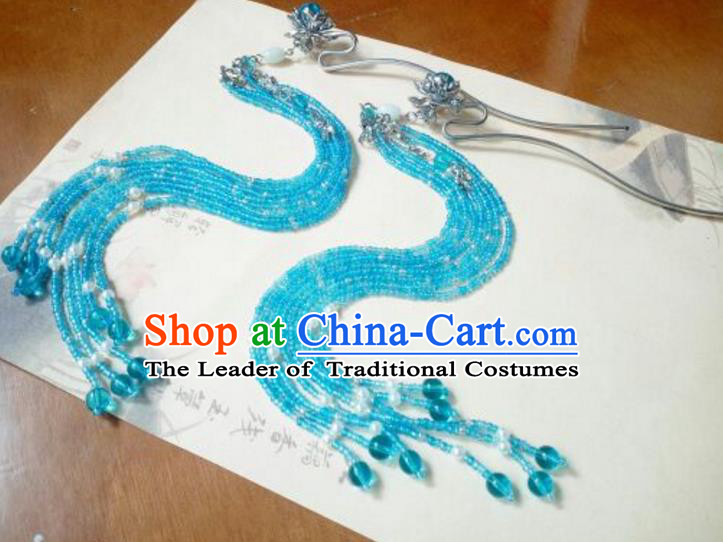 Traditional Handmade Chinese Ancient Classical Hanfu Hair Accessories Tassel Hairpins, Princess Palace Lady Blue Step Shake for Women
