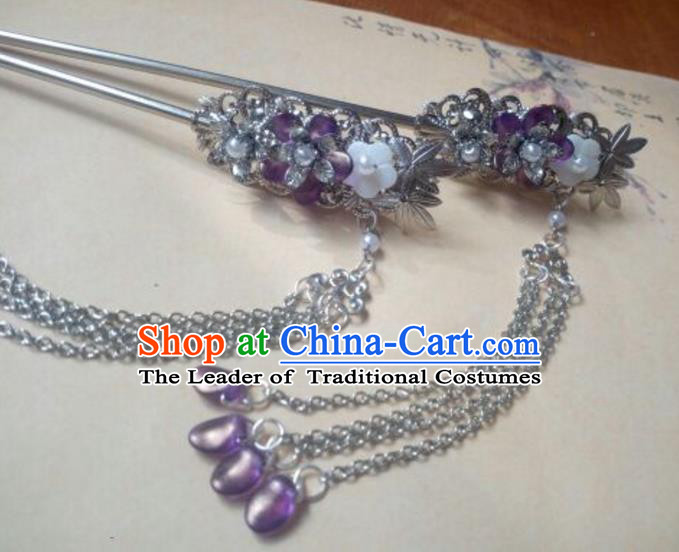 Traditional Handmade Chinese Ancient Classical Hanfu Hair Accessories Purple Tassel Hairpins, Princess Headpiece Palace Lady Hair Stick for Women
