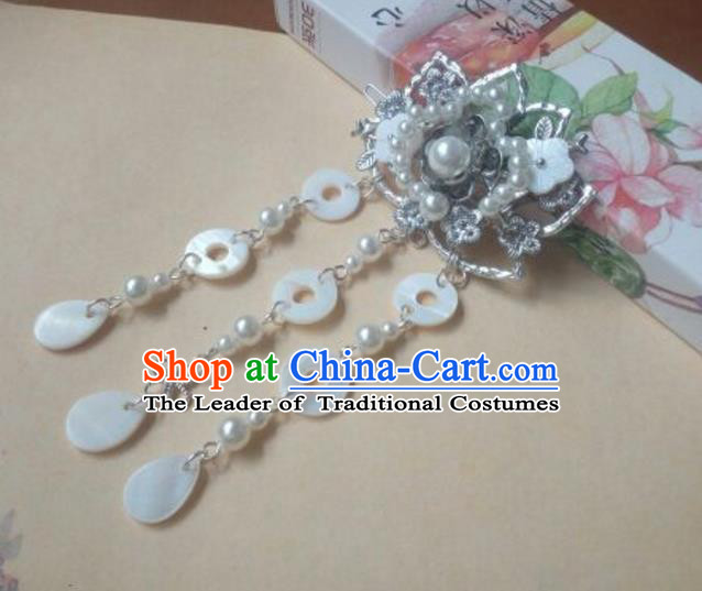 Traditional Handmade Chinese Ancient Classical Hanfu Hair Accessories White Tassel Hair Claw, Princess Palace Lady Hairpins Hair Stick for Women
