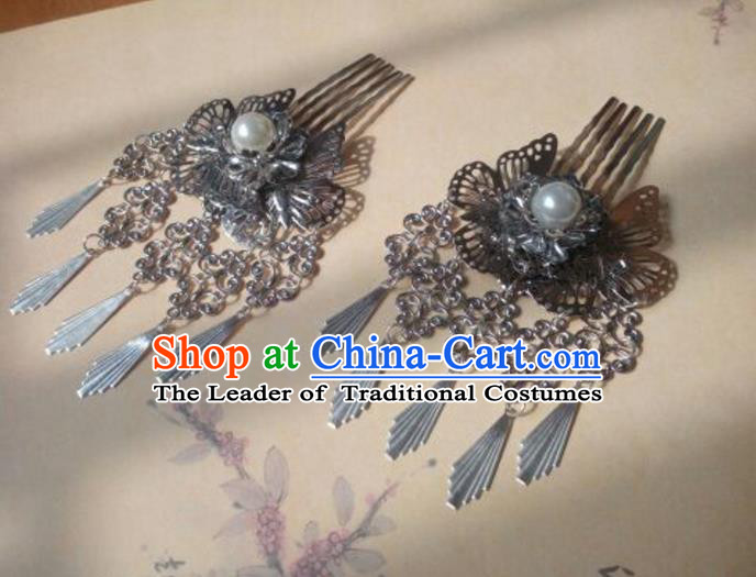 Traditional Handmade Chinese Ancient Classical Hanfu Hair Accessories Hairpins Lotus Butterfly Hair Comb, Princess Palace Lady Step Shake Hair Stick for Women