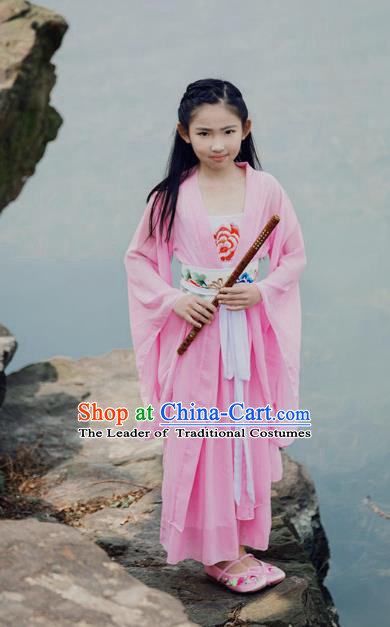 Traditional Ancient Chinese Princess Costume Palace Pink Slip Dress, Elegant Hanfu Clothing Chinese Han Dynasty Embroidered Clothing for Kids