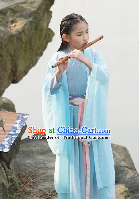 Traditional Ancient Chinese Princess Costume Palace Blue Slip Dress, Elegant Hanfu Clothing Chinese Han Dynasty Embroidered Clothing for Kids