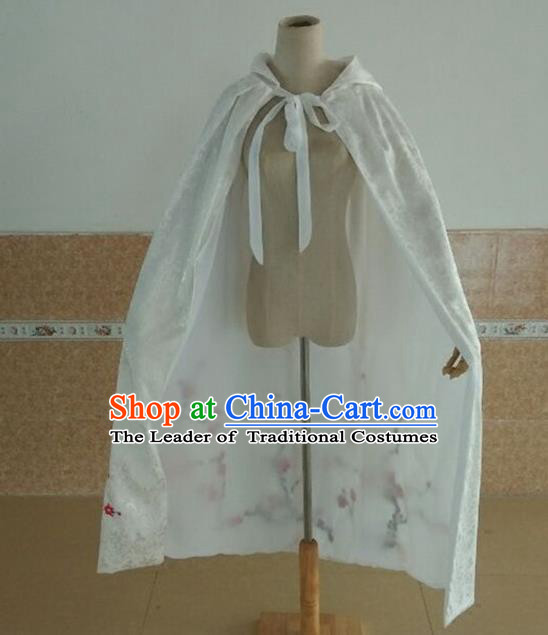 Traditional Chinese Ancient Ming Dynasty Princess White Mantle Embroider Plum Blossom Hanfu Cape for Women
