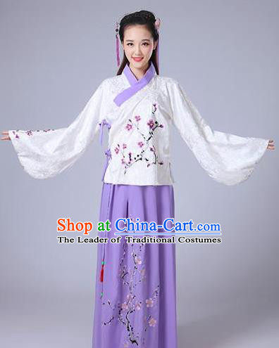 Traditional Asian Oriental China Costume Embroidery Wintersweet White Blouse and Purple Skirt Complete Set, Chinese Ming Dynasty Imperial Princess Embroidered Clothing for Women