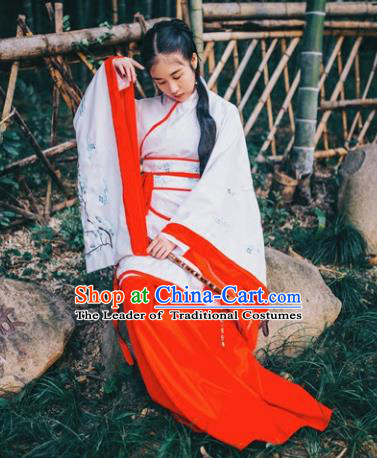 Traditional Asian Oriental China Costume Embroidery Palace Lady Curve Bottom, Chinese Hanfu Han Dynasty Princess Embroidered Clothing for Women