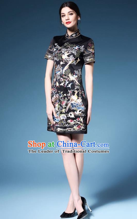 Traditional Top Grade Asian Chinese Costumes Classical Embroidery Cheongsam, China National Chirpaur Dress Black Qipao for Women