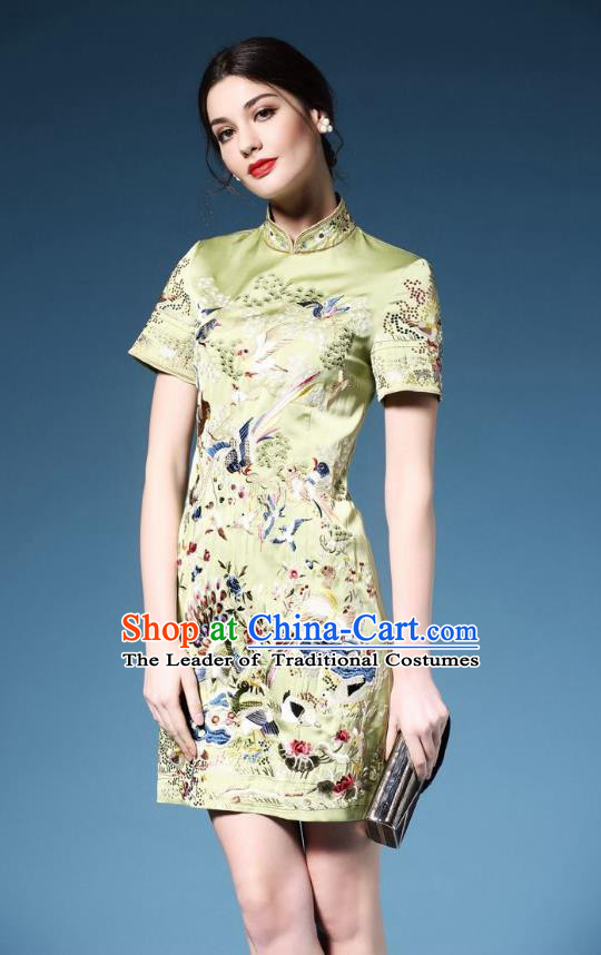 Traditional Top Grade Asian Chinese Costumes Classical Embroidery Cheongsam, China National Chirpaur Dress Green Qipao for Women