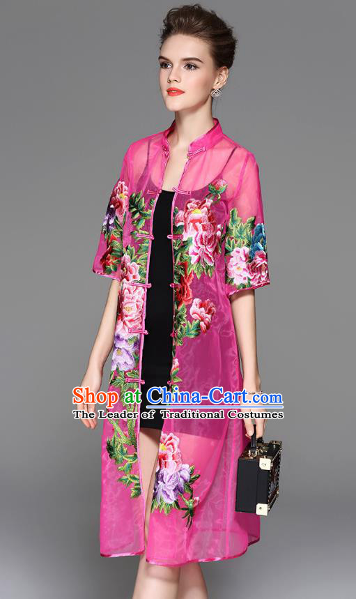 Traditional Top Grade Asian Chinese Costumes Classical Embroidery Peony Rosy Coat, China National Plated Buttons Dust Coat for Women