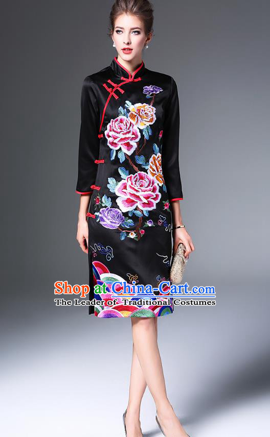 Top Grade Asian Chinese Costumes Classical Embroidery Peony Cheongsam, Traditional China National Embroidered Black Chirpaur Dress Qipao for Women