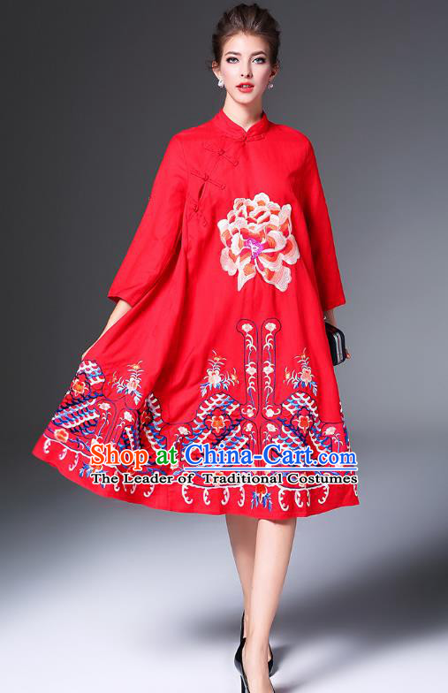 Top Grade Asian Chinese Costumes Classical Embroidery Peony Slant Opening Cheongsam, Traditional China National Red Chirpaur Dress Qipao for Women