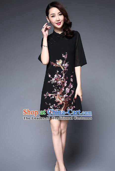 Top Grade Asian Chinese Costumes Classical Embroidery Plum Blossom Short Cheongsam, Traditional China National Black Chirpaur Dress Qipao for Women