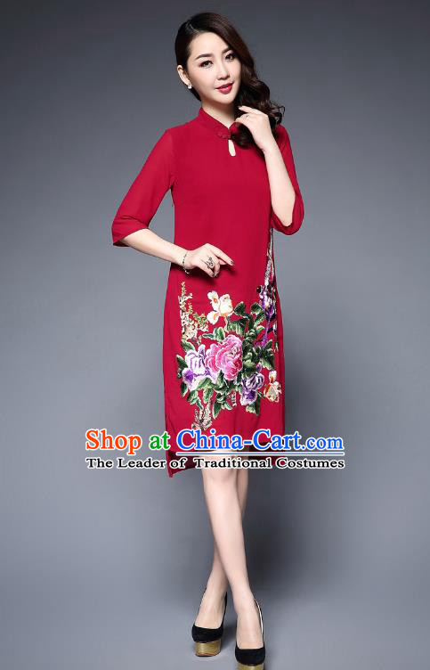 Top Grade Asian Chinese Costumes Classical Embroidery Peony Cheongsam, Traditional China National Plated Buttons Red Chirpaur Dress Qipao for Women