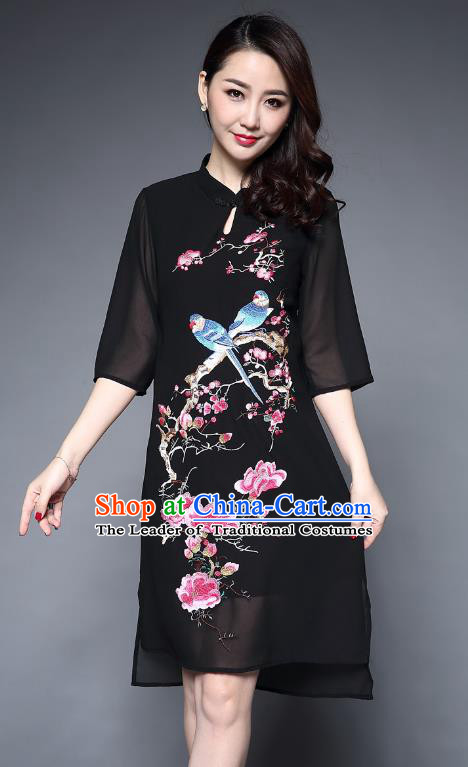 Top Grade Asian Chinese Costumes Classical Embroidery Birds Middle Sleeve Cheongsam, Traditional China National Plated Buttons Black Chirpaur Dress Qipao for Women