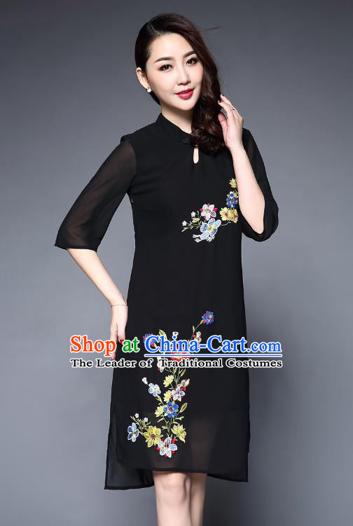 Asian Chinese Oriental Costumes Classical Embroidery Flowers Chiffon Dress, Traditional China National Tang Suit Black Cheongsam Qipao for Women