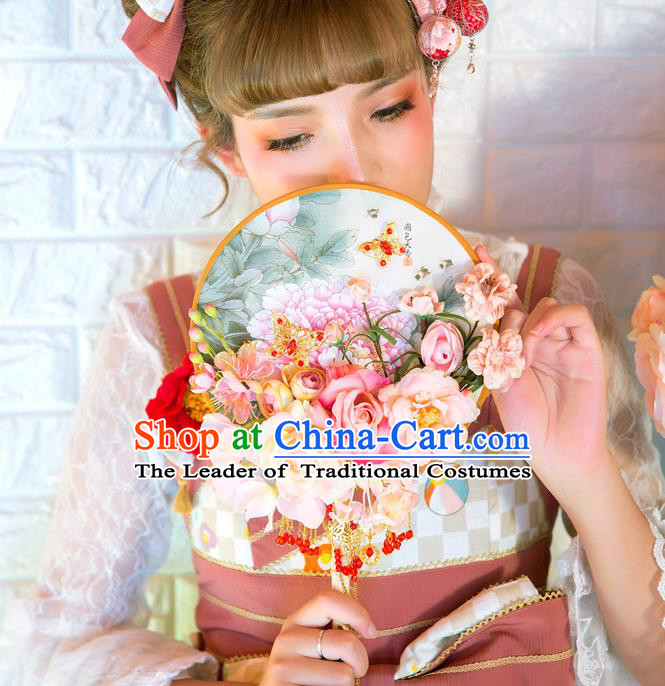 Traditional Asian Oriental Chinese Palace Lady Princess Wedding Round Fans, Bride Pink Peony Flowers Circular Fan for Women