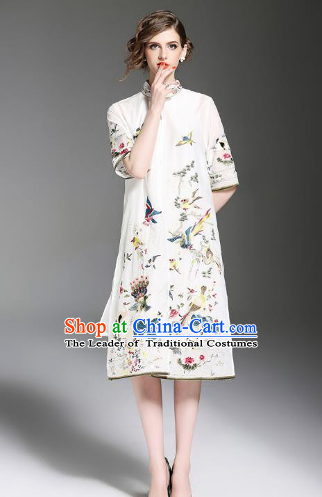 Asian Chinese Oriental Costumes Classical Embroidery White Cardigan, Traditional China National Tang Suit Upper Outer Garment Overcoat for Women