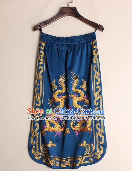 Asian Chinese Oriental Costumes Classical Embroidery Dragons Blue Skirts, Traditional China National Chirpaur Tang Suit Bust Skirt for Women