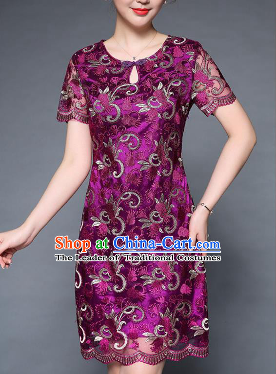 Asian Chinese Oriental Costumes Classical Embroidery Purple Lace Dress, Traditional China National Chirpaur Tang Suit Dresses for Women