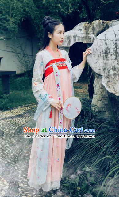 Traditional Asian Oriental China Costume Embroidery Young Lady Fairy Slip Skirts Complete Set, Chinese Hanfu Tang Dynasty Princess Embroidered Dress for Women