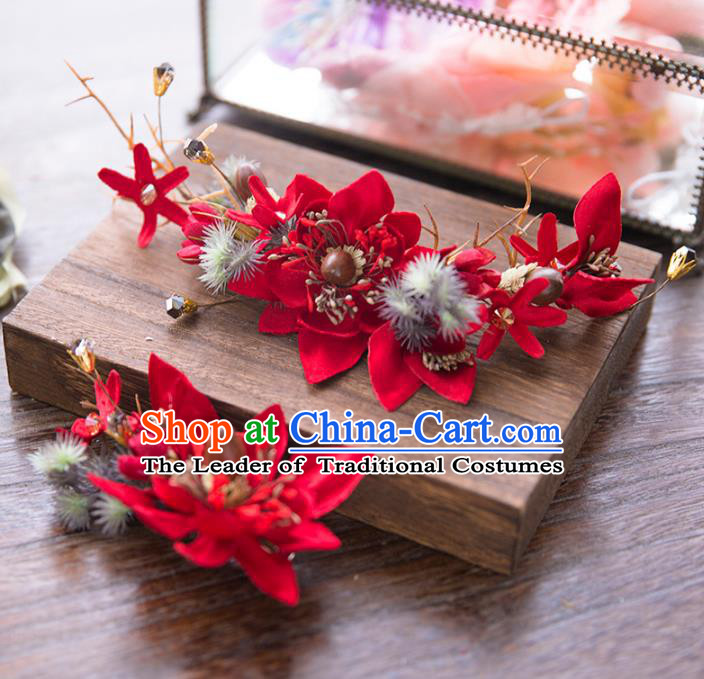 Aisan Chinese Handmade Classical Hair Accessories, China Xiuhe Suit Red Flowers Hair Stick Hairpins Wedding Headwear for Women