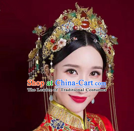 Aisan Chinese Handmade Classical Hair Accessories Tassel Phoenix Coronet Complete Set, China Xiuhe Suit Hairpins Wedding Headwear for Women