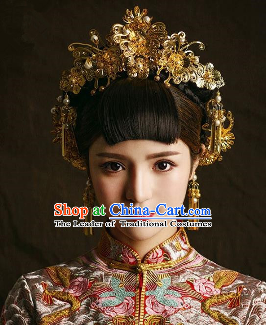 Aisan Chinese Handmade Classical Hair Accessories Golden Phoenix Coronet Complete Set, China Xiuhe Suit Hair Stick Hairpins Wedding Headwear for Women