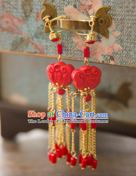 Top Grade Handmade Classical Hair Accessories Hanfu Red Earrings, Chinese Princess Eardrop for Women