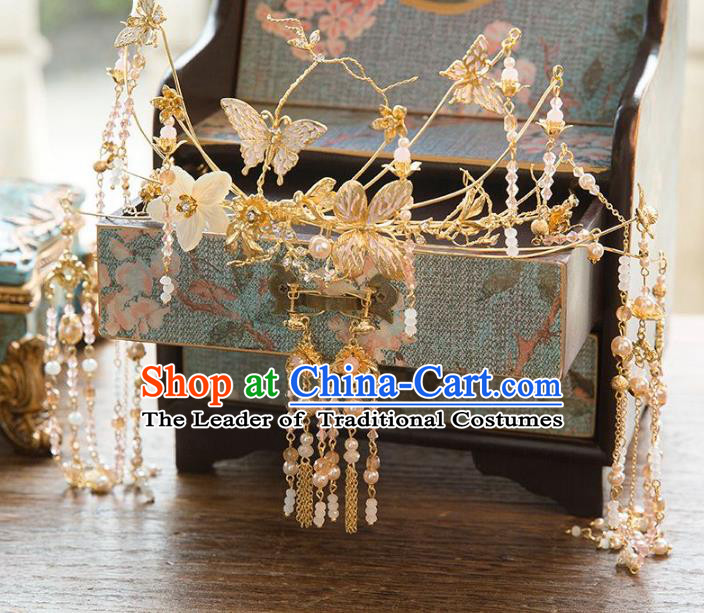 Aisan Chinese Handmade Classical Hair Accessories Tassel Butterfly Phoenix Coronet, China Xiuhe Suit Hairpins Wedding Headwear for Women